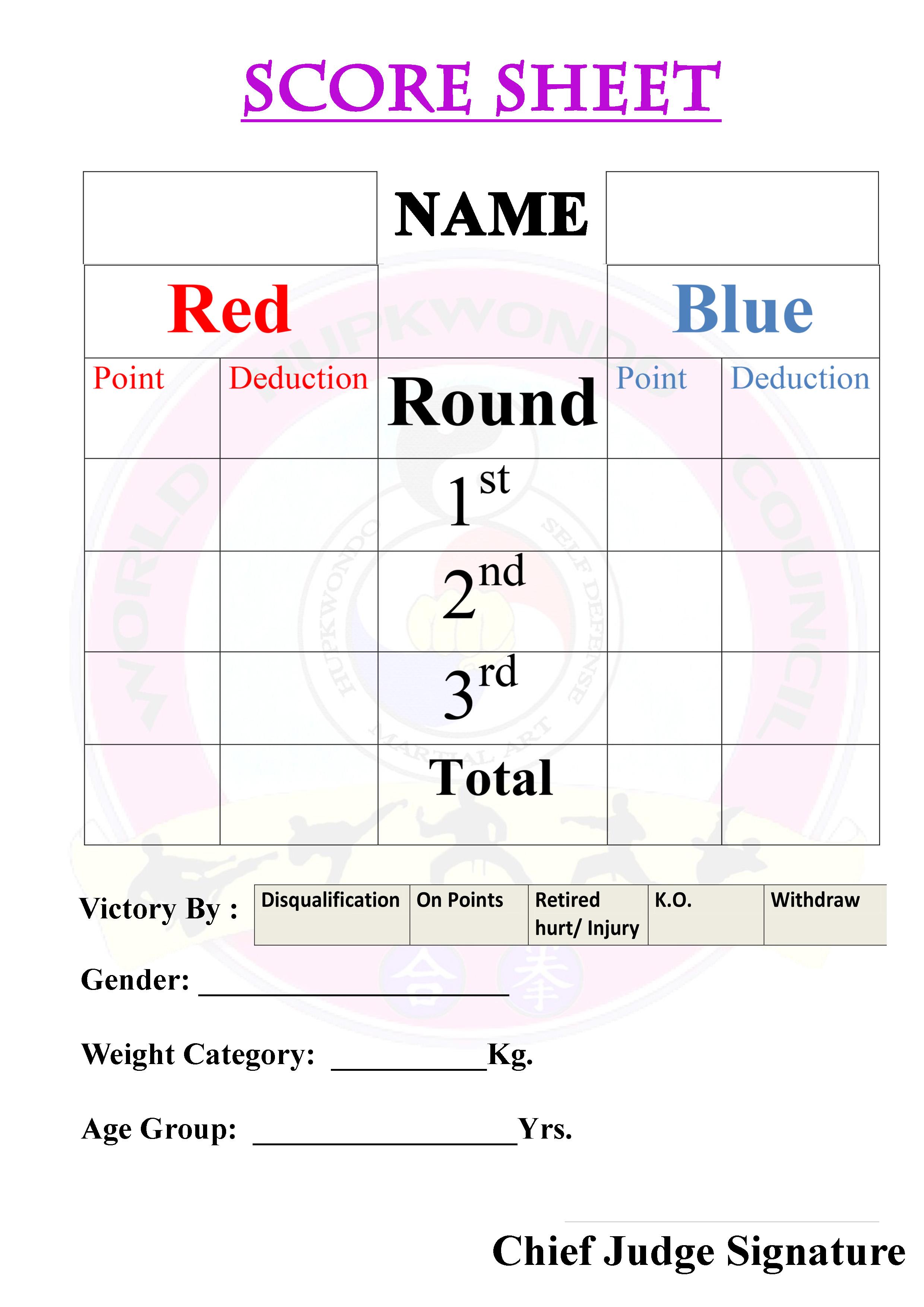 Hupkwondo Score Sheet